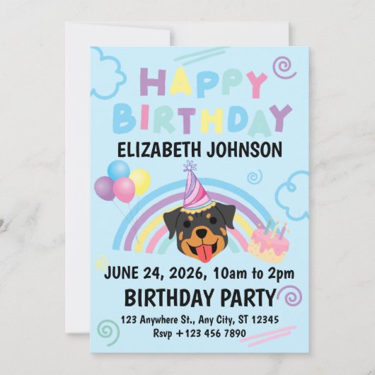 Rottweiler Birthday Invitation in Blue Kaart (Voorkant)