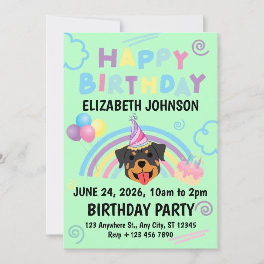 Rottweiler Birthday Invitation in Green Kaart (Voorkant)