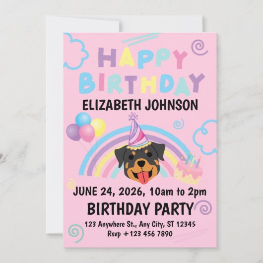 Rottweiler Birthday Invitation in Pink Kaart (Voorkant)