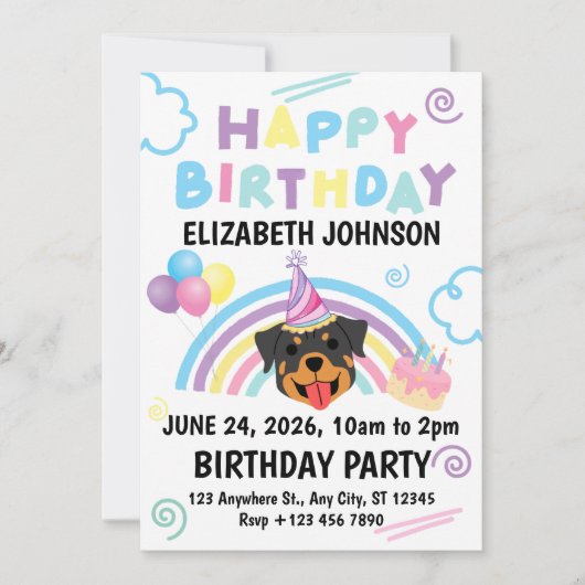 Rottweiler Birthday Invitation in White Kaart (Voorkant)