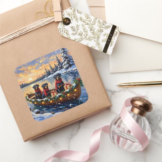 Rottweiler Christmas Boat Holiday Vierkante Sticker (Geschenken)