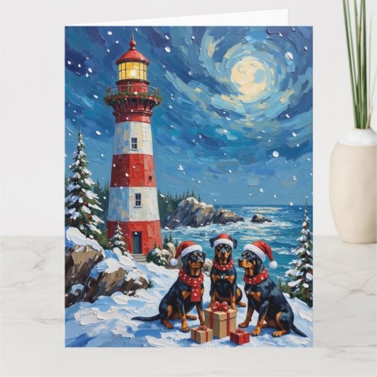 Rottweiler Christmas Lighthouse Holiday Kaart (Voorkant)