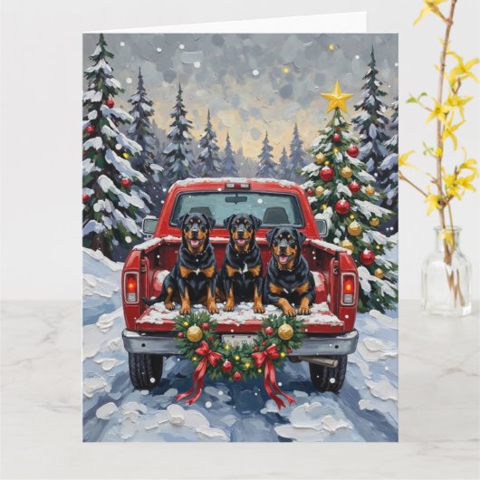 Rottweiler Christmas Red Truck Holiday Kaart (Gele Bloem)
