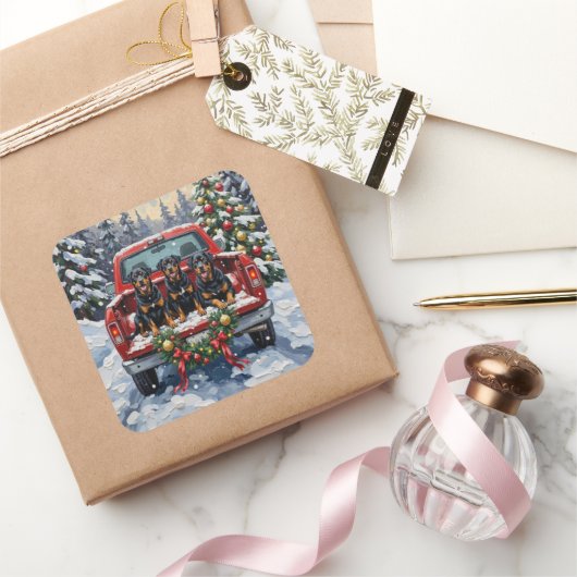 Rottweiler Christmas Red Truck Holiday Vierkante Sticker (Geschenken)