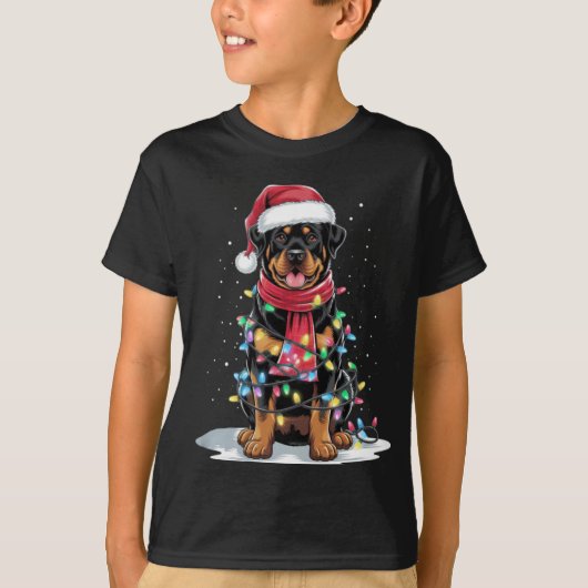 Rottweiler Christmas Tree Santa Hat Lights Xmas Do T-shirt (Voorkant)