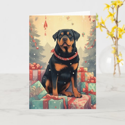Rottweiler die kerstcadeaus bewaakt kaart (Gele Bloem)