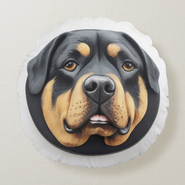 Rottweiler Dog 3D geïnspireerd Rond Kussen (Voorkant)