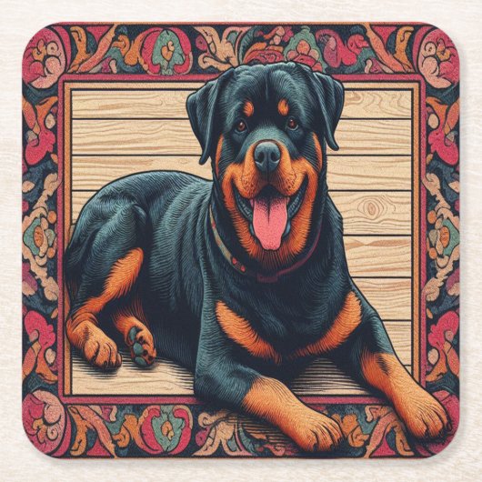 Rottweiler Dog 3D Stijlvolle Kleurrijke Rand Kartonnen Onderzetters (Voorkant)