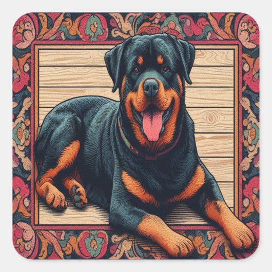 Rottweiler Dog 3D Stijlvolle Kleurrijke Rand Vierkante Sticker (Voorkant)