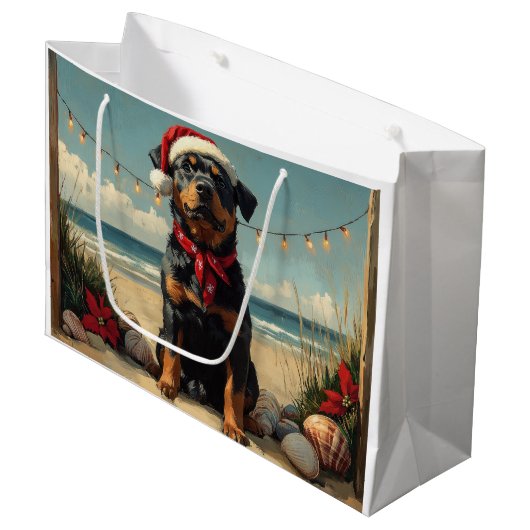 Rottweiler Dog Christmas Beach Groot Cadeauzakje (Voorkant Gekanteld)