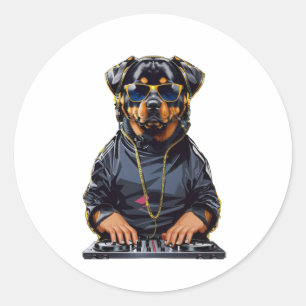 rottweiler Dog DJ met draaitafels en hoofdtelefoon Ronde Sticker