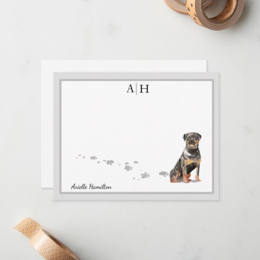 Rottweiler Dog Gray Border Monogram Gepersonalisee Notitiekaartje (Voorkant / Achterkant in situ)