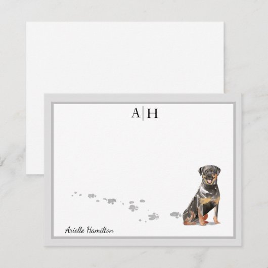 Rottweiler Dog Gray Border Monogram Gepersonalisee Notitiekaartje (Voorkant / Achterkant)