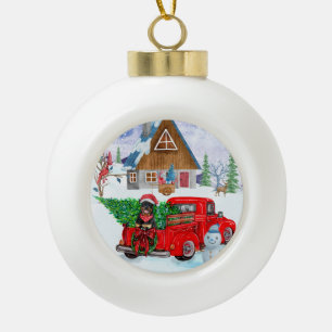 Rottweiler Dog in kerstcadeauwagen Keramische Bal Ornament