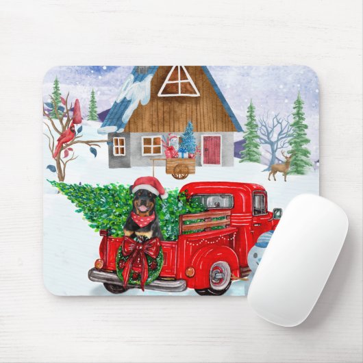 Rottweiler Dog in kerstcadeauwagen Muismat (Met muis)