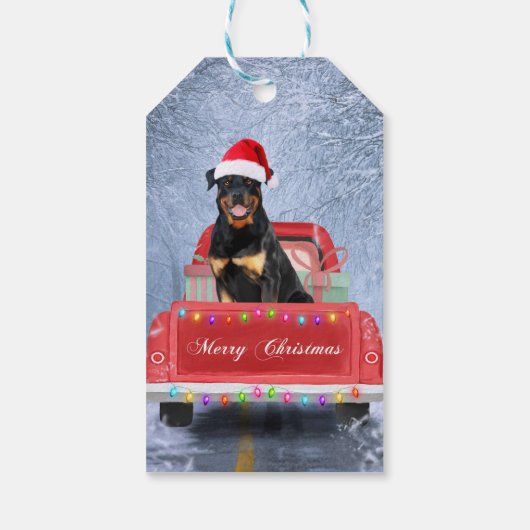 Rottweiler Dog in sneeuw, met kersttruck Cadeaulabel (Achterkant)
