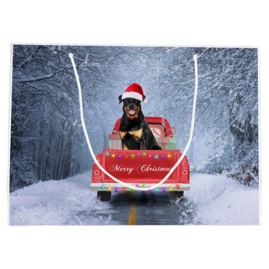 Rottweiler Dog in sneeuw, met kersttruck Groot Cadeauzakje (Achterkant)