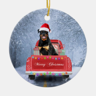 Rottweiler Dog in sneeuw, met kersttruck Keramisch Ornament