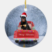 Rottweiler Dog in sneeuw, met kersttruck Keramisch Ornament (Achterkant)
