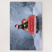 Rottweiler Dog in sneeuw, met kersttruck Legpuzzel (Verticaal)