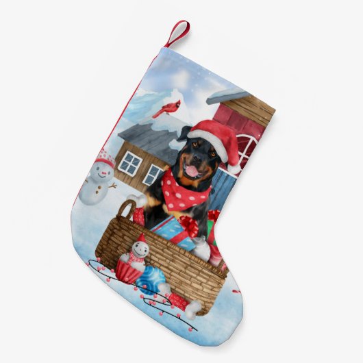 Rottweiler Dog in sneeuwkersthondenhuis Kleine Kerstsok (Voorkant (Hangend))
