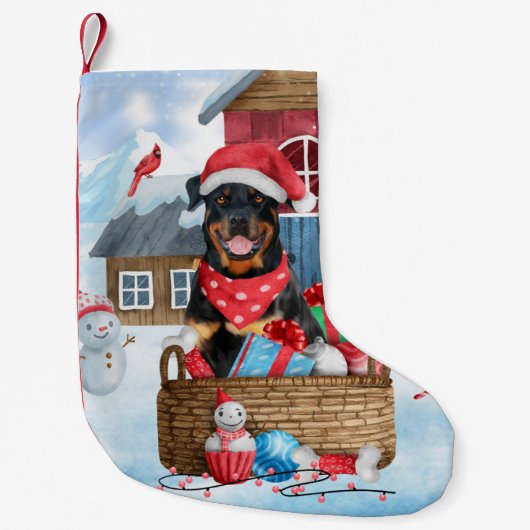 Rottweiler Dog in sneeuwkersthondenhuis Kleine Kerstsok (Voorkant)