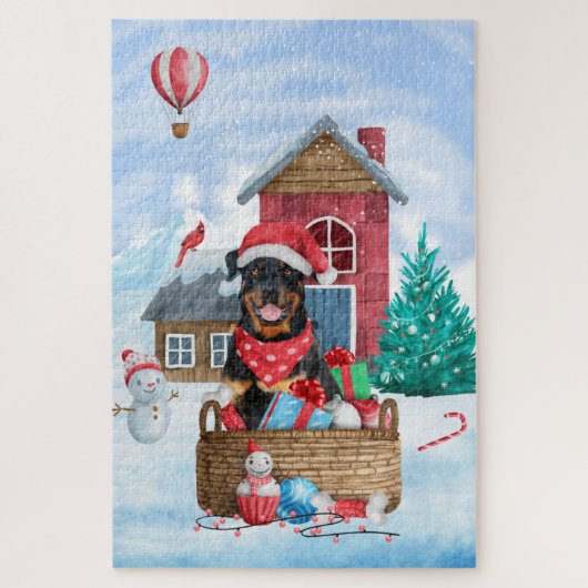 Rottweiler Dog in sneeuwkersthondenhuis Legpuzzel (Verticaal)