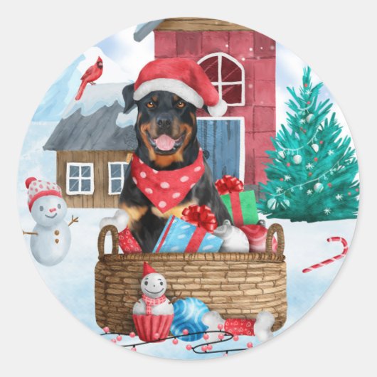 Rottweiler Dog in sneeuwkersthondenhuis Ronde Sticker (Voorkant)