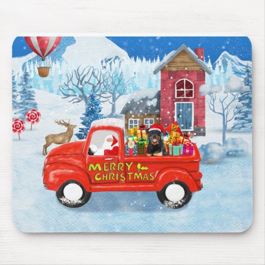 Rottweiler Dog-kerstlevering Vrachtwagen sneeuw Muismat (Voorkant)
