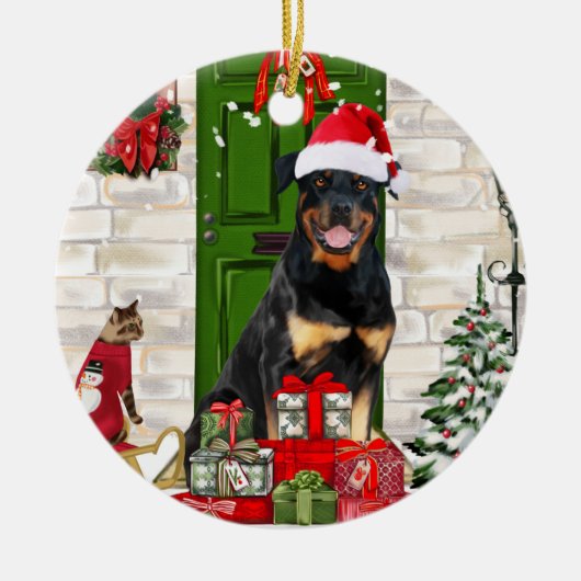 Rottweiler Dog Kerstmis Keramisch Ornament (Voorkant)