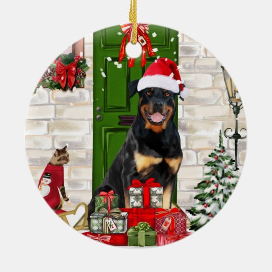 Rottweiler Dog Kerstmis Keramisch Ornament (Achterkant)