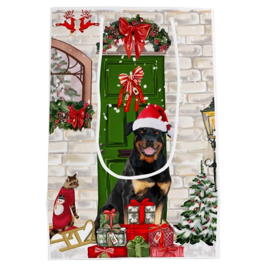 Rottweiler Dog Kerstmis Medium Cadeauzakje (Achterkant)