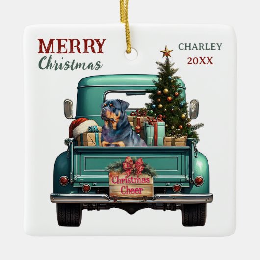 Rottweiler Dog Retro Truck Christmas Keramisch Ornament (Voorkant)