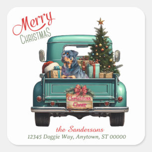 Rottweiler Dog Retro Truck Kerstmis Vierkante Sticker