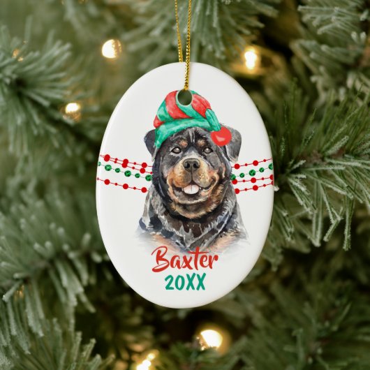 Rottweiler Dog Santa Hat Holiday String Beads Keramisch Ornament (Boom)