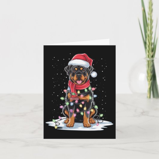 Rottweiler Dog Santa Hat Kerstboom Light Xmas Kaart (Voorkant)