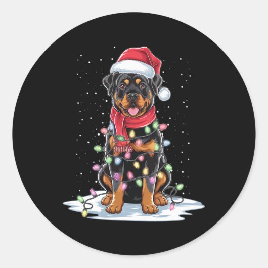 Rottweiler Dog Santa Hat Kerstboom Light Xmas Ronde Sticker (Voorkant)
