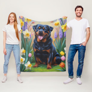 Rottweiler Dog Spring Flowers Painting Fleece Deken