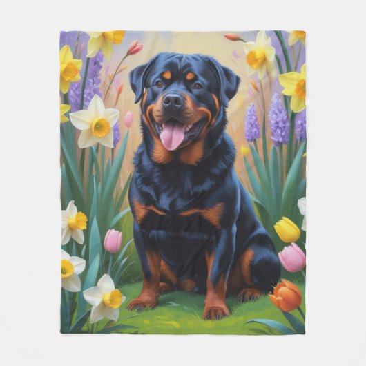 Rottweiler Dog Spring Flowers Painting Fleece Deken (Voorkant)