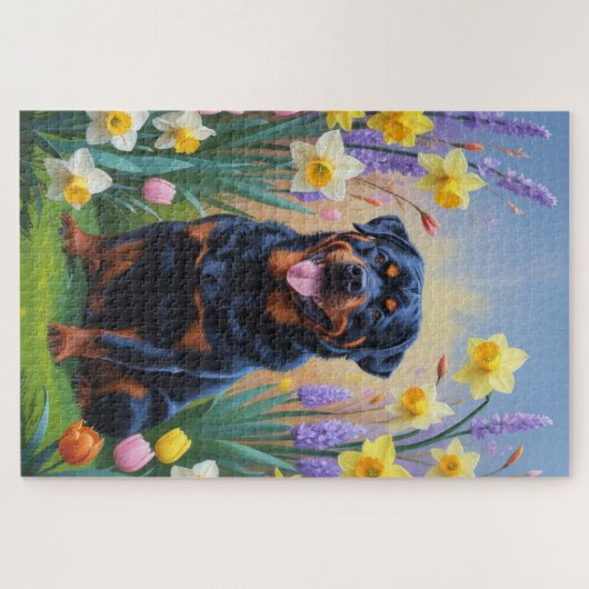 Rottweiler Dog Spring Flowers Painting Legpuzzel (Horizontaal)