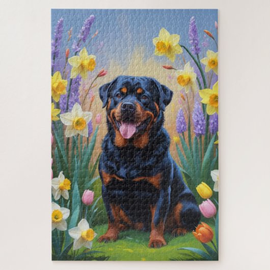 Rottweiler Dog Spring Flowers Painting Legpuzzel (Verticaal)