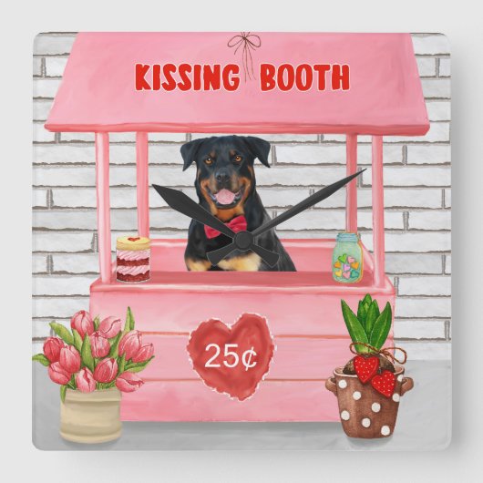 Rottweiler Dog Valentijnsdag Kissing Booth Vierkante Klok (Voorkant)