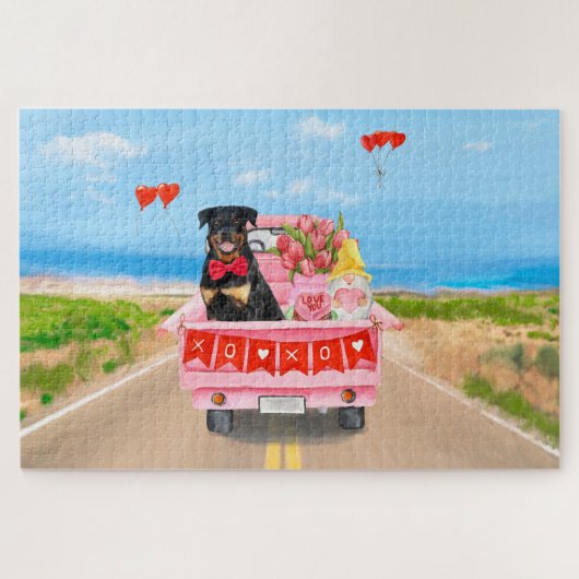 Rottweiler Dog Valentijnsdag Truck Hearts Legpuzzel (Horizontaal)