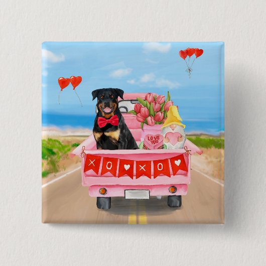 Rottweiler Dog Valentijnsdag Truck Hearts Vierkante Button 5,1 Cm (Voorkant)
