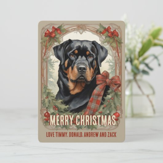 Rottweiler Dog Vintage Kerst Kaart (Staand voorkant)