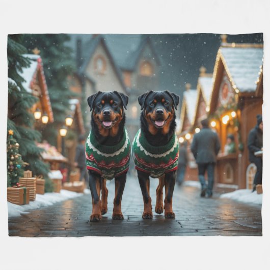 Rottweiler Dogs Christmas Snow Holiday  Fleece Deken (Voorkant (Horizontaal))
