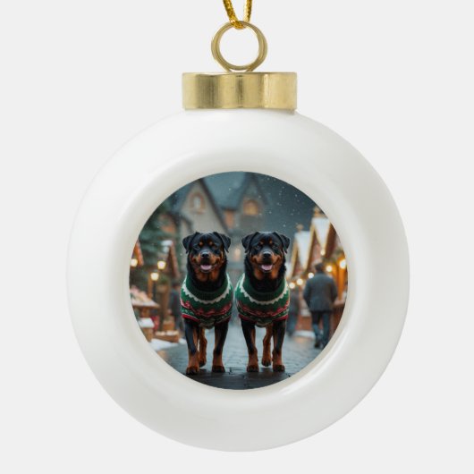Rottweiler Dogs Christmas Snow Holiday Keramische Bal Ornament (Voorkant)