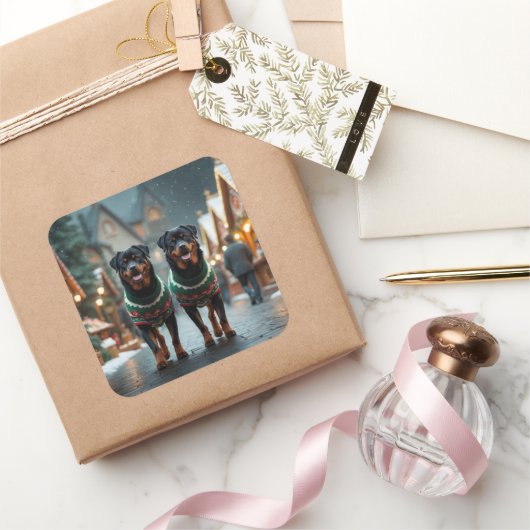 Rottweiler Dogs Christmas Snow Holiday Vierkante Sticker (Geschenken)