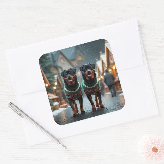 Rottweiler Dogs Christmas Snow Holiday Vierkante Sticker (Envelop)