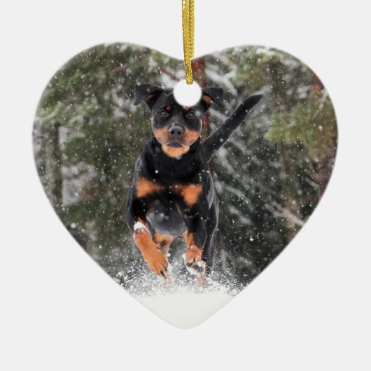 Rottweiler draait in wintersneeuw keramisch ornament (Voorkant)
